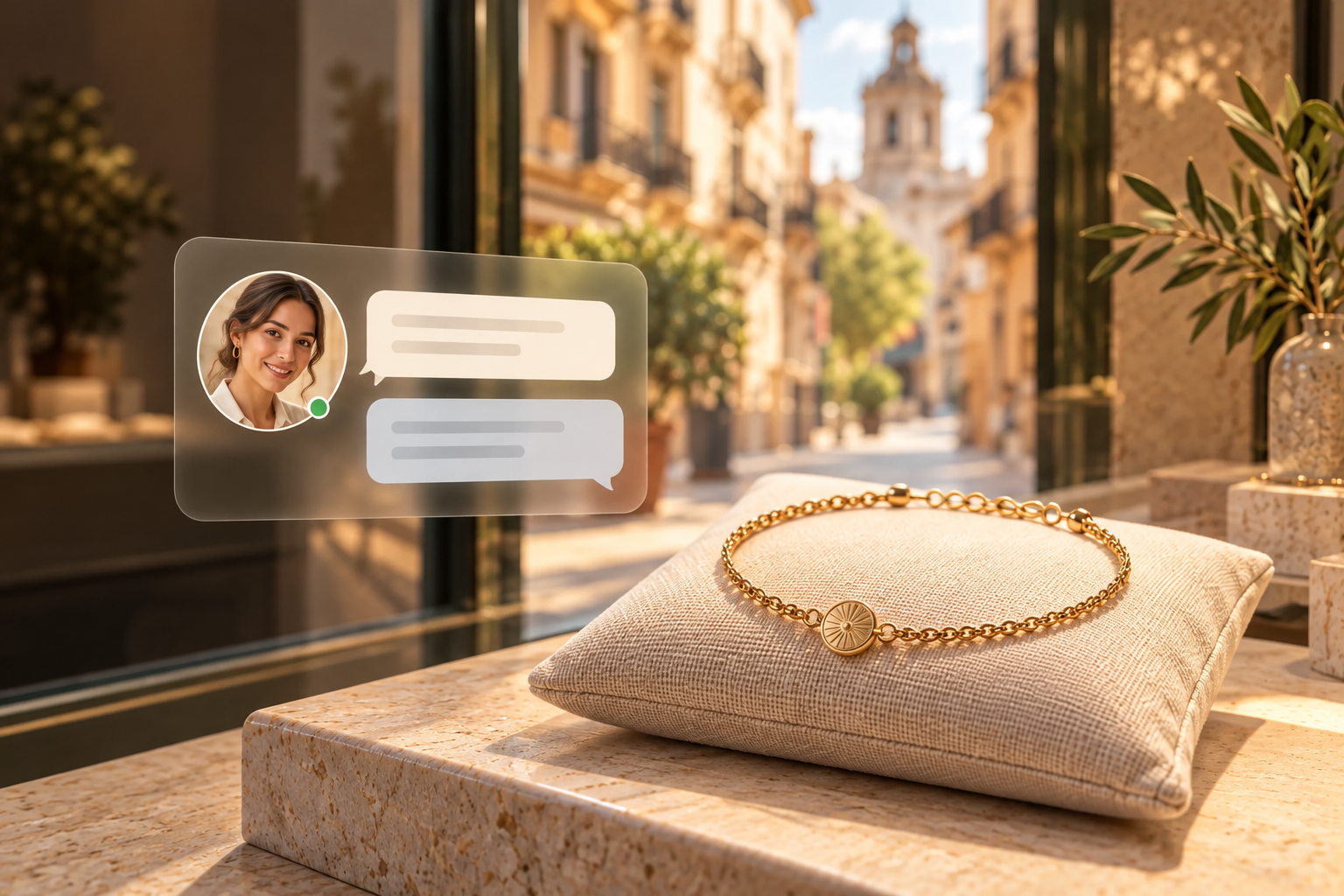 Pulsera dorada junto a una dependiente virtual que ayuda a elegir