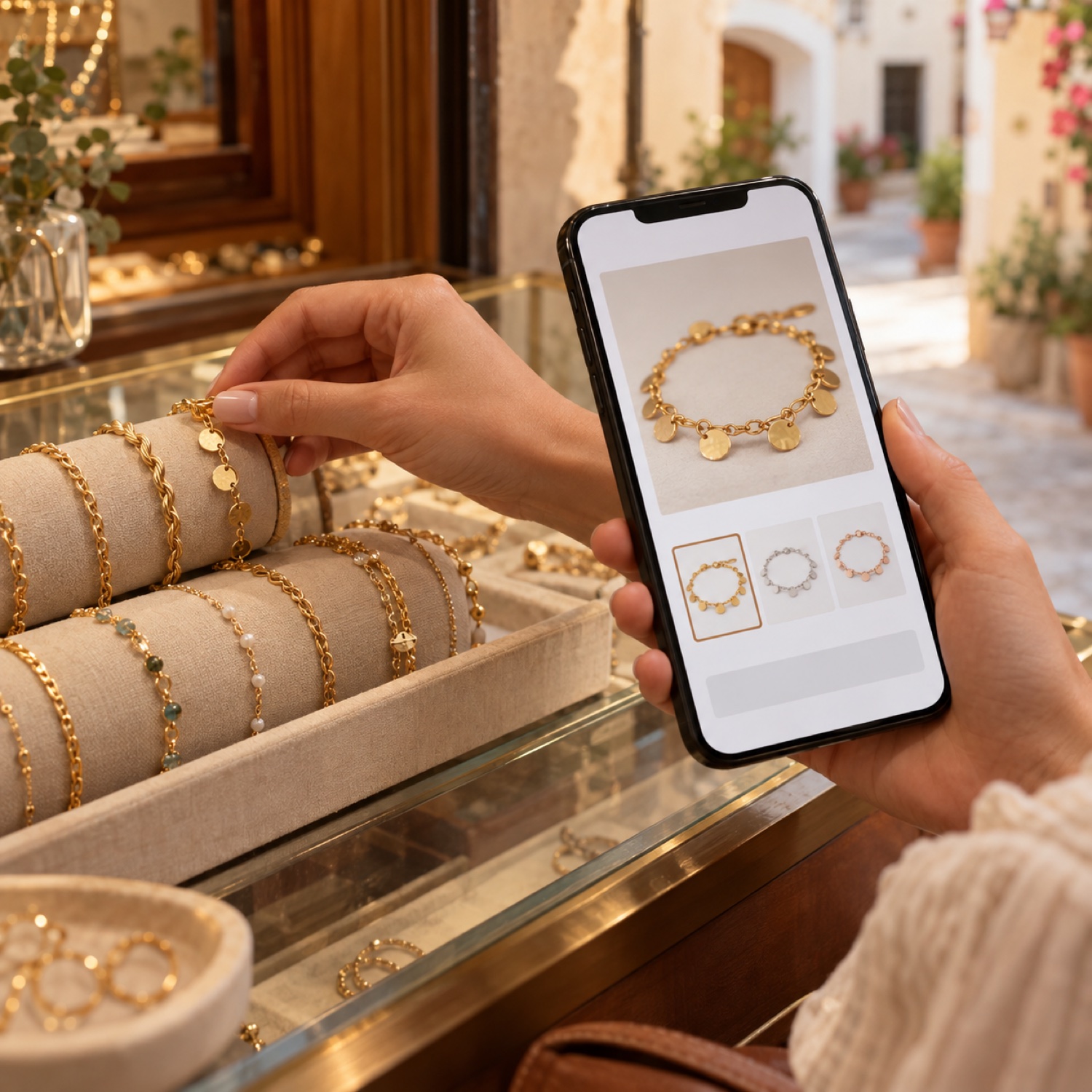 Elige una pulsera desde el móvil en una joyería