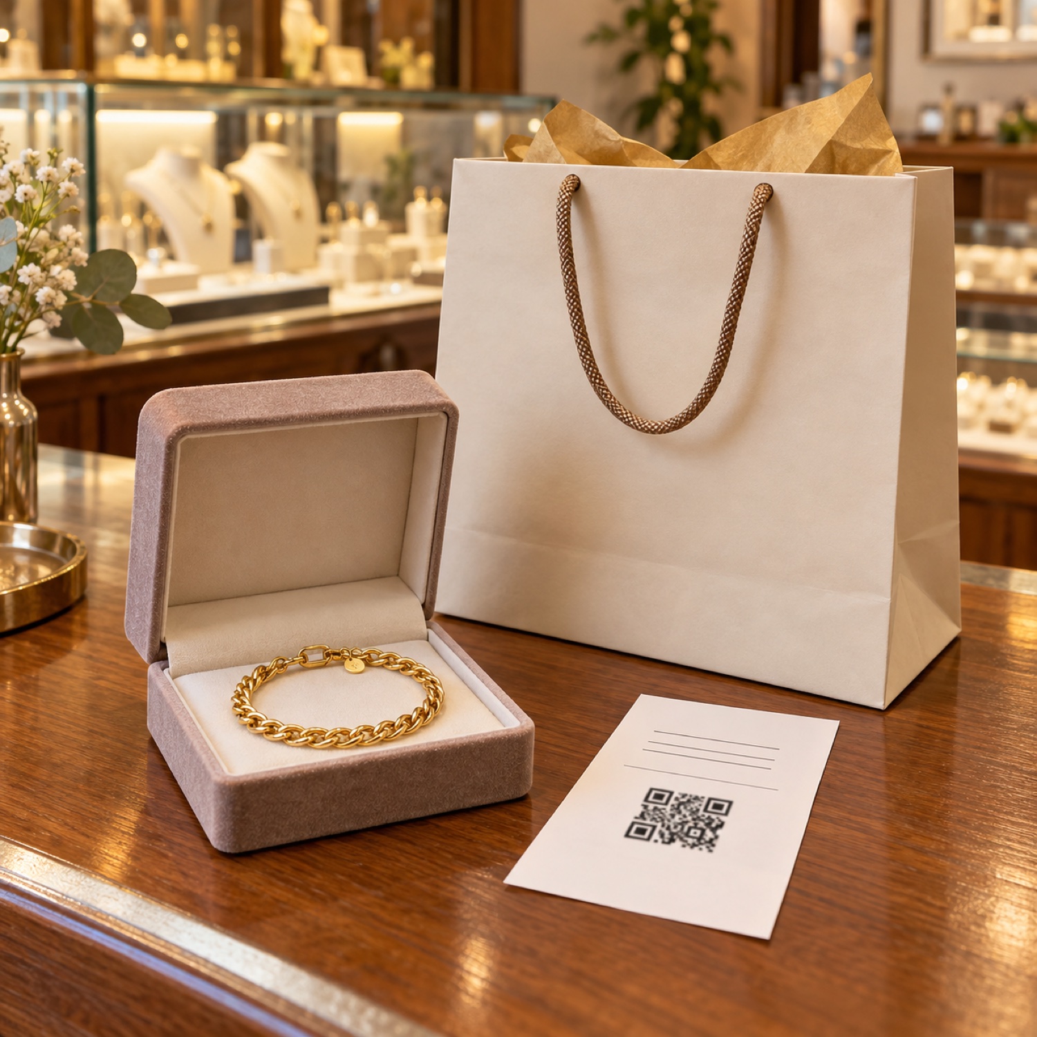 Pulsera en su caja junto a la bolsa de la joyería y el ticket de recogida